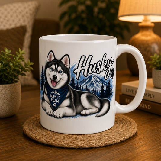 A white ceramic mug with a printed illustration of a husky dog, mountains, pine trees, and the word 'Husky' in script, placed on a woven coaster on a wooden table with a lamp and plants in the background.