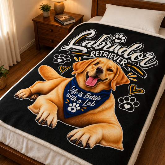 A black fleece blanket with a large graphic of a golden retriever wearing a blue bandana and the words 'Labrador Retriever' and 'Life is Better with a Lab', shown folded over a bed in a bedroom.