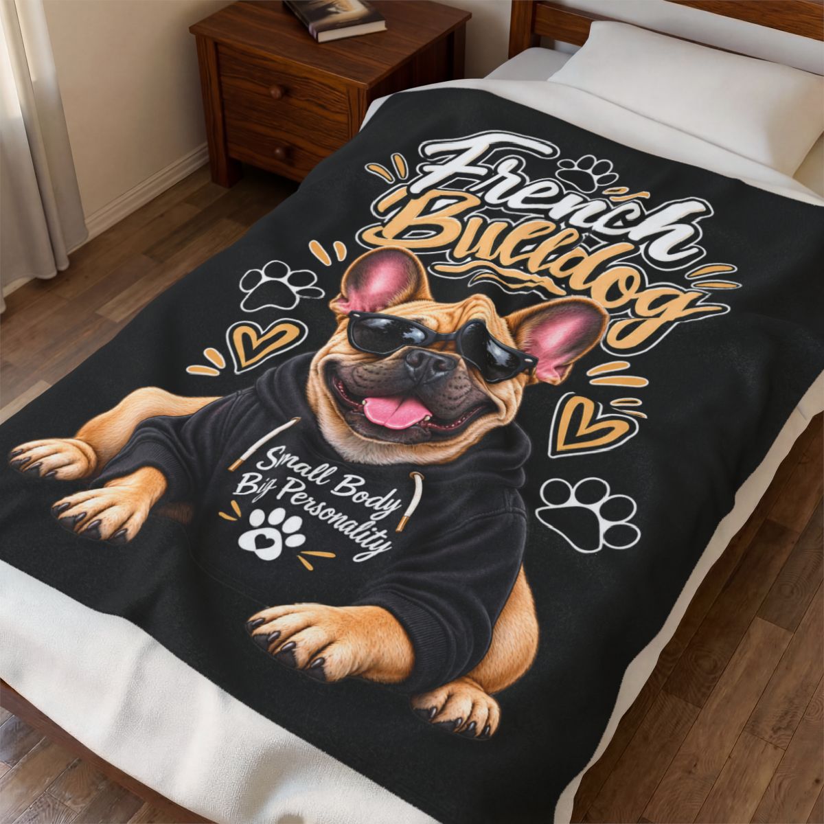A black bedding set, including a comforter and pillowcase, displayed on a bed in a bedroom. The comforter features a cartoon illustration of a French Bulldog wearing sunglasses and a black hoodie with the text 'Small Body Big Personality'.
