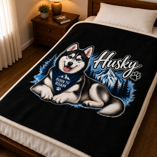 A black fleece blanket with a graphic of a husky dog wearing a blue bandana that says 'Born to Roam', set on a bed in a bedroom. The blanket also features the word 'Husky' and a paw print.