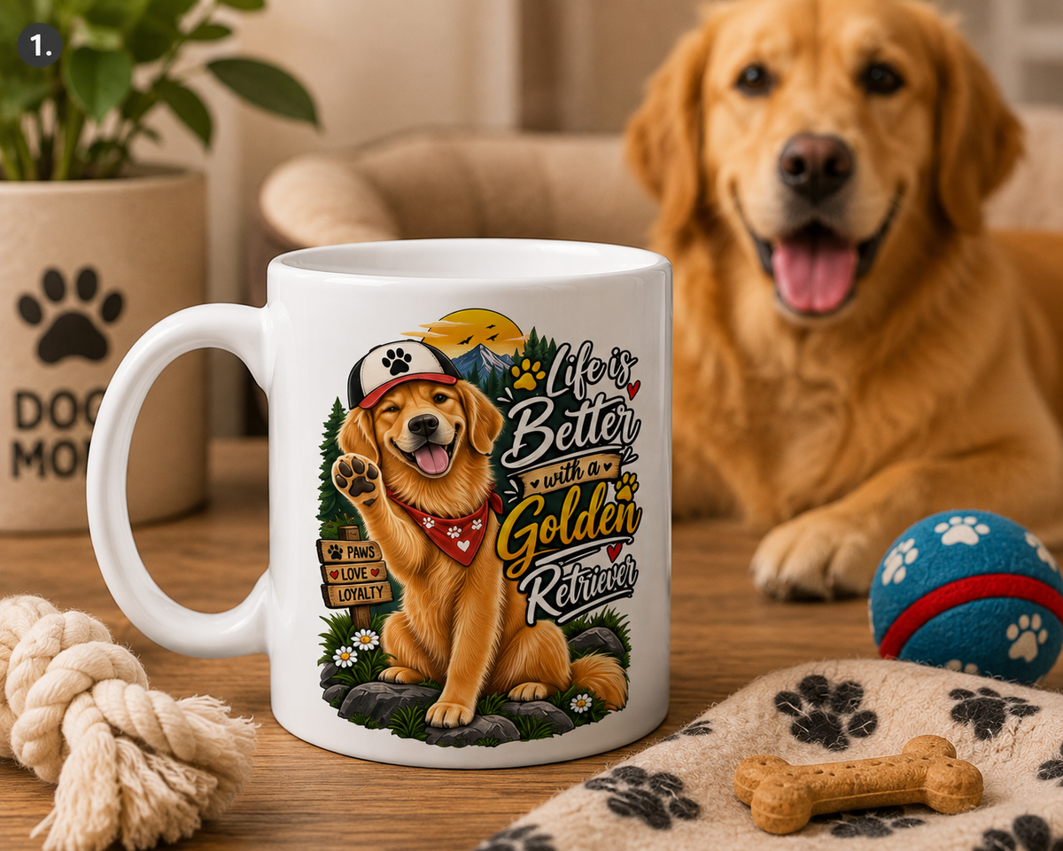 A white ceramic mug with a colorful graphic of a golden retriever wearing a cap and bandana, surrounded by the text 'He's Better than a Golden Retriever'. A real golden retriever dog is sitting in the background on a wooden table with dog toys and a blanket.