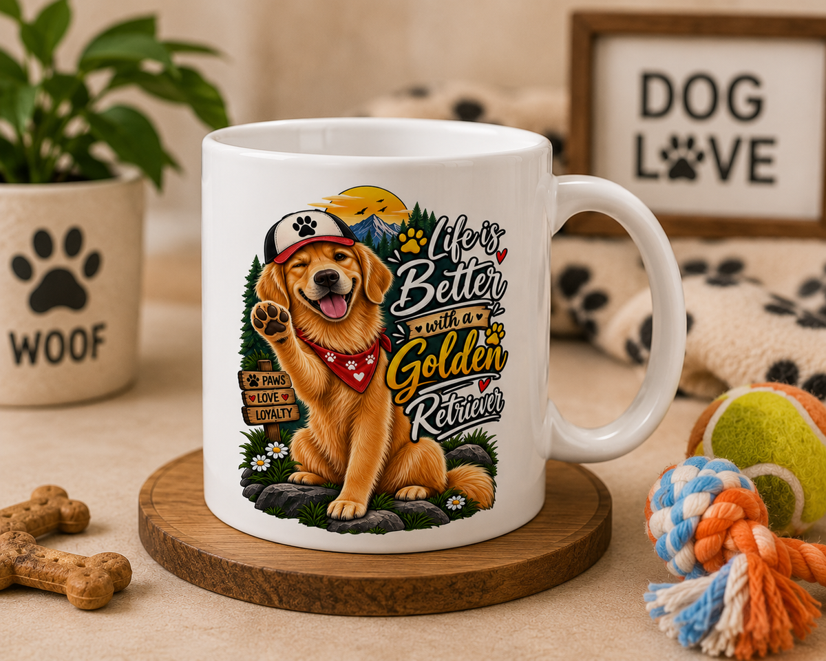 A white ceramic mug printed with a colorful golden retriever illustration and the text 'Life is Better with a Golden Retriever', displayed on a wooden coaster surrounded by dog toys, a bone, and a 'Dog Love' sign.