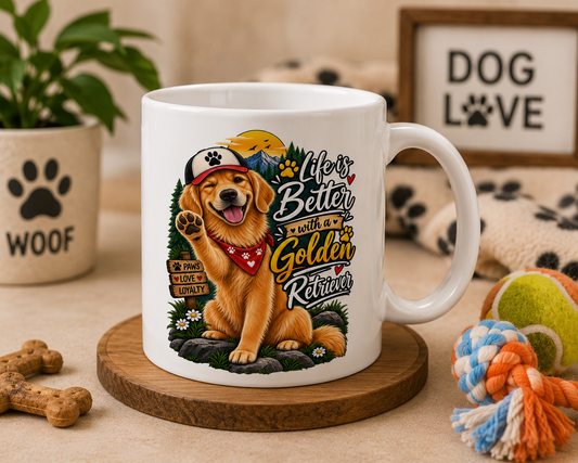 A white ceramic mug printed with a colorful golden retriever illustration and the text 'Life is Better with a Golden Retriever', displayed on a wooden coaster surrounded by dog toys, a bone, and a 'Dog Love' sign.