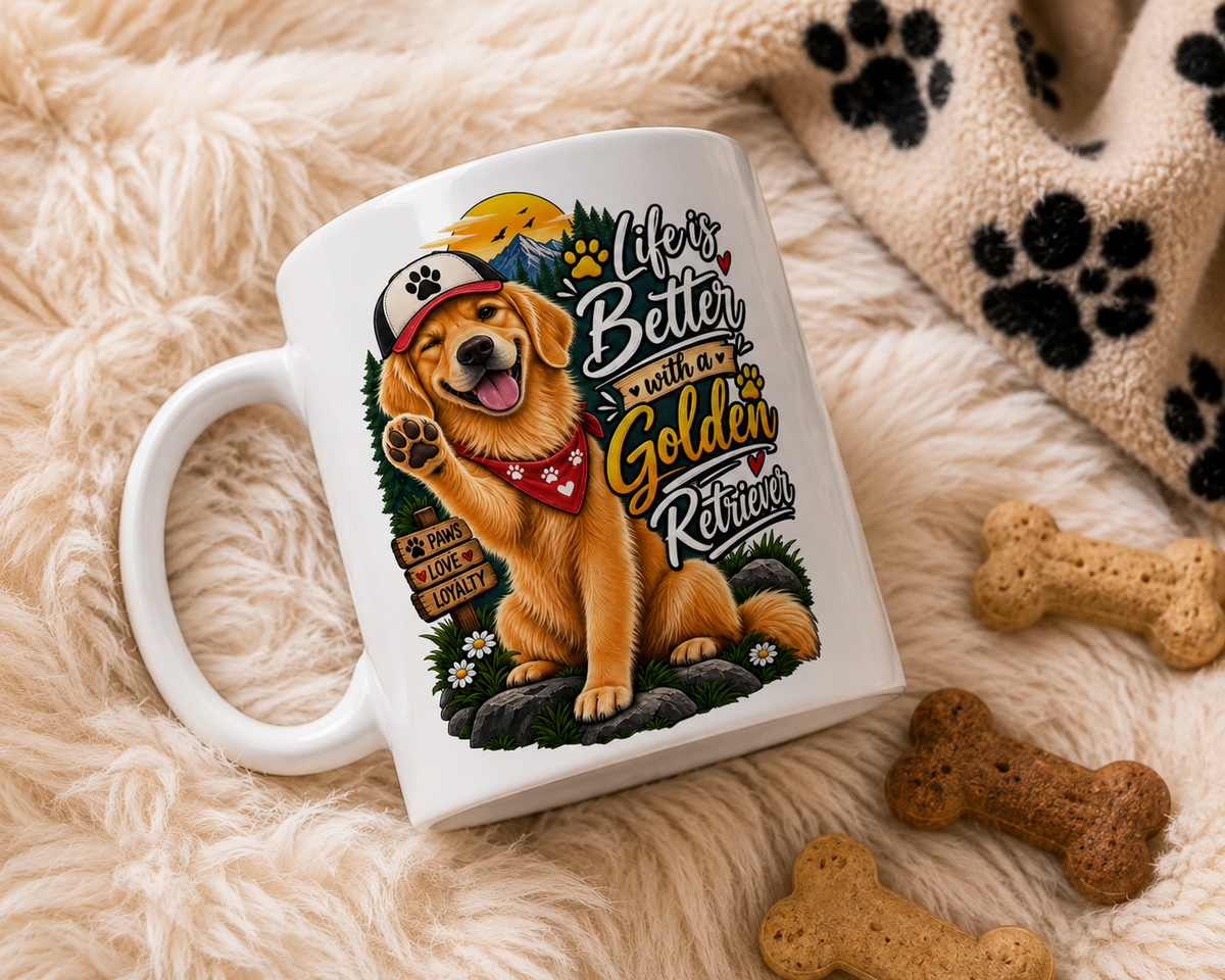 A white ceramic mug printed with a colorful golden retriever illustration and the text 'Life is Better with a Golden Retriever', resting on a fluffy paw-print blanket surrounded by dog bone treats.