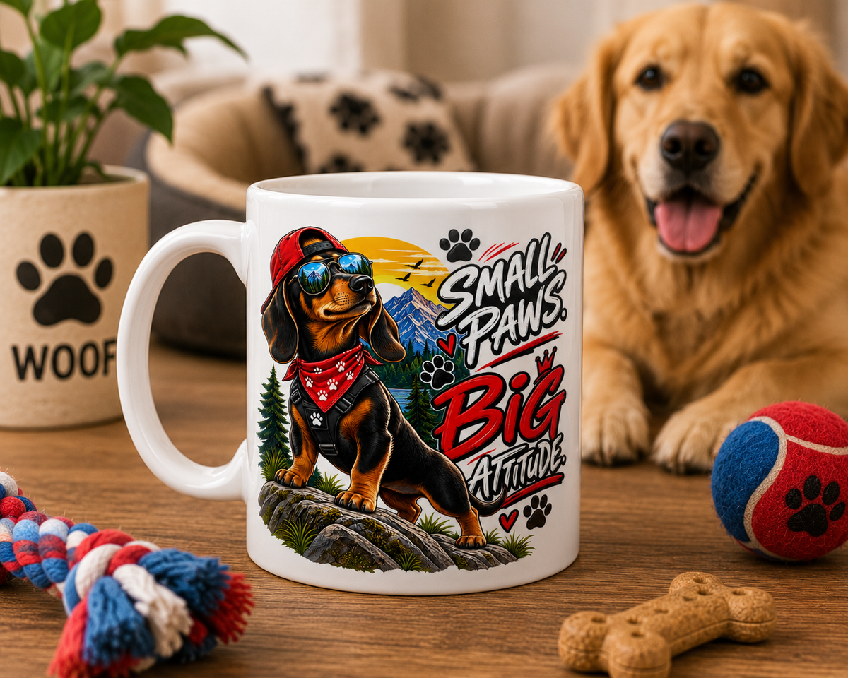 A white ceramic mug with a colorful graphic of a dachshund wearing sunglasses and a bandana, surrounded by the text 'Small Paws Big Attention'. A golden retriever dog is sitting in the background on a wooden table with dog toys and a pet bed.