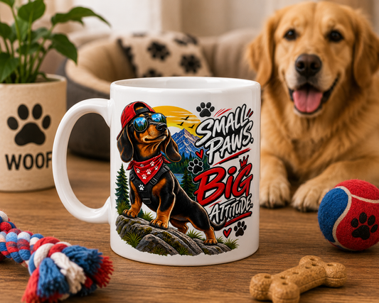 A white ceramic mug with a colorful graphic of a dachshund wearing sunglasses and a bandana, surrounded by the text 'Small Paws Big Attention'. A golden retriever dog is sitting in the background on a wooden table with dog toys and a pet bed.