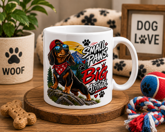 A white ceramic mug with a colorful graphic of a dachshund wearing sunglasses and a bandana, with the text 'Small Paws Big Attitude'. The mug is displayed on a wooden coaster on a wooden table, surrounded by dog-themed props including a bone treat, a toy ball, a rope toy, and a plant pot.
