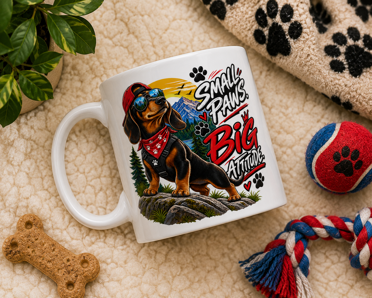 A white ceramic mug featuring a colorful graphic of a dachshund wearing sunglasses and a red bandana with the text 'Small Dogs Big Attention', styled on a beige textured blanket with dog toys and a plant.